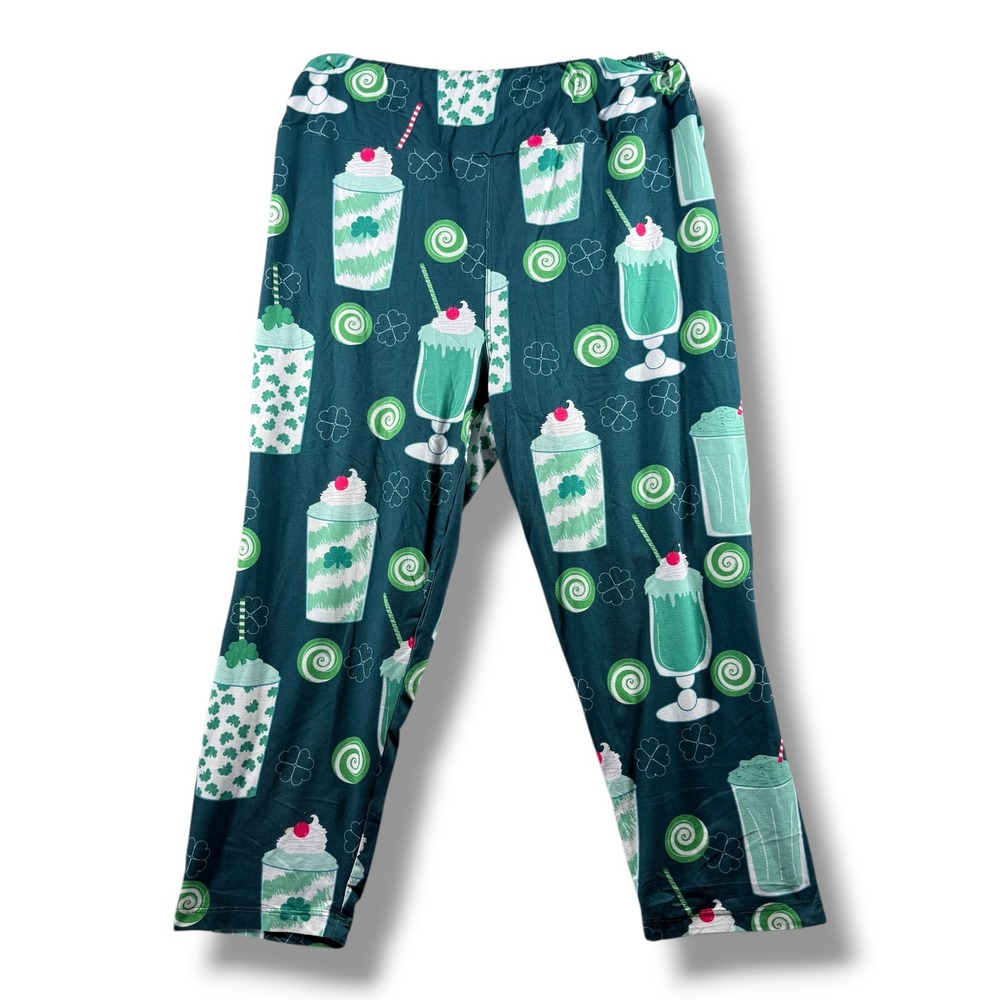 Fabulegs St Patricks Day Shamrock Milkshake Capri Leggings Green Teal Size L